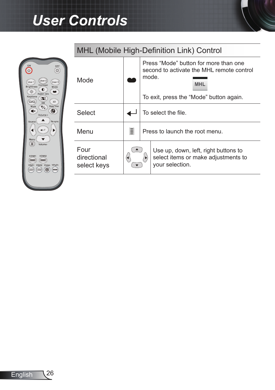User controls, Mhl (mobile high-defi nition link) control | Optoma EH200ST User Manual | Page 26 / 68