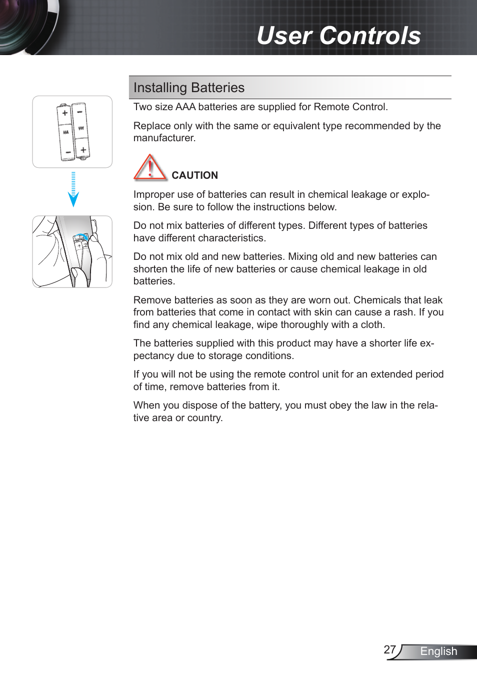 User controls, Installing.batteries | Optoma EH200ST User Manual | Page 27 / 68