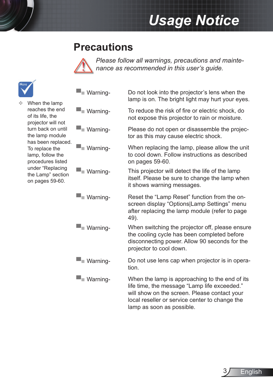 Precautions, Usage notice | Optoma EH200ST User Manual | Page 3 / 68