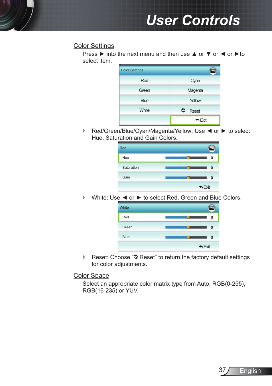 User controls, 37 english, Color.settings | Color.space | Optoma EH200ST User Manual | Page 37 / 68