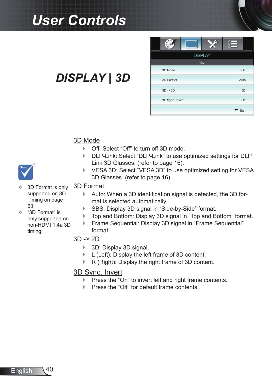 Display | 3d, User controls, 3d sync. invert | Optoma EH200ST User Manual | Page 40 / 68