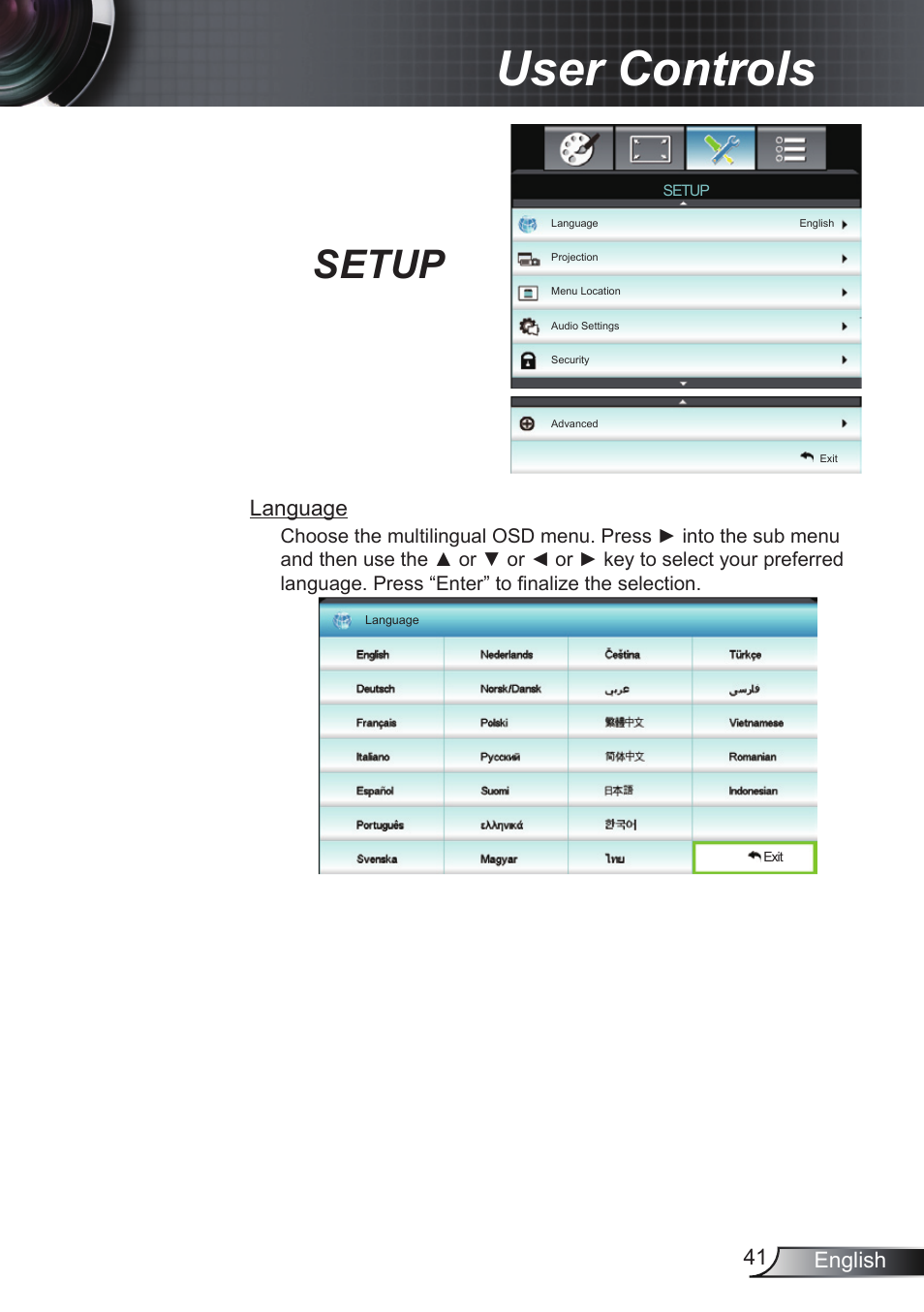 Setup, User controls, 4 english | Language | Optoma EH200ST User Manual | Page 41 / 68