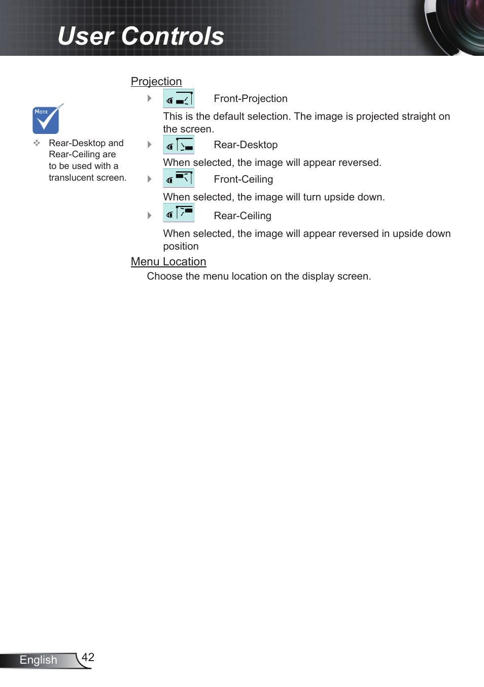 User controls | Optoma EH200ST User Manual | Page 42 / 68