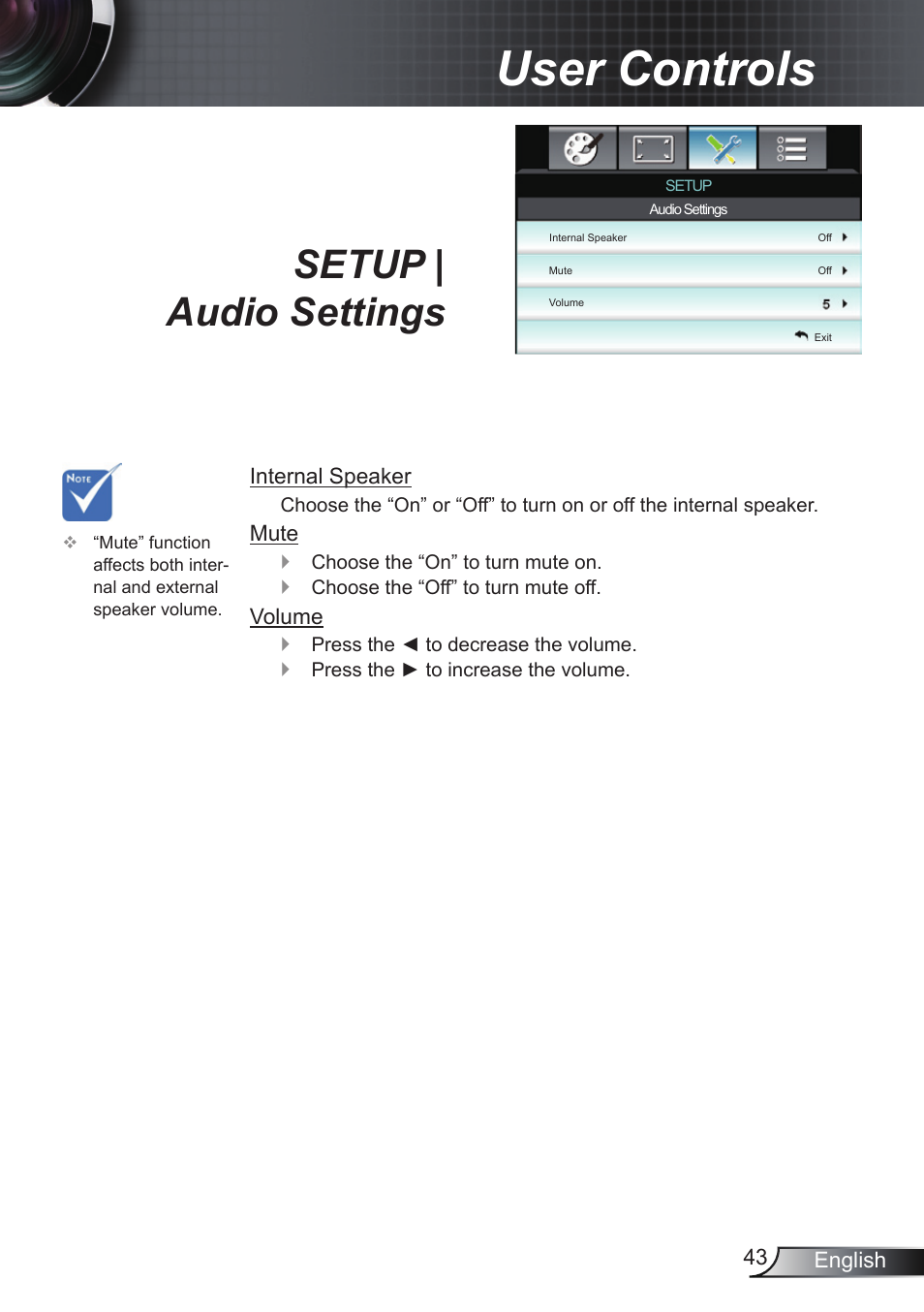 Setup | audio settings, User controls | Optoma EH200ST User Manual | Page 43 / 68