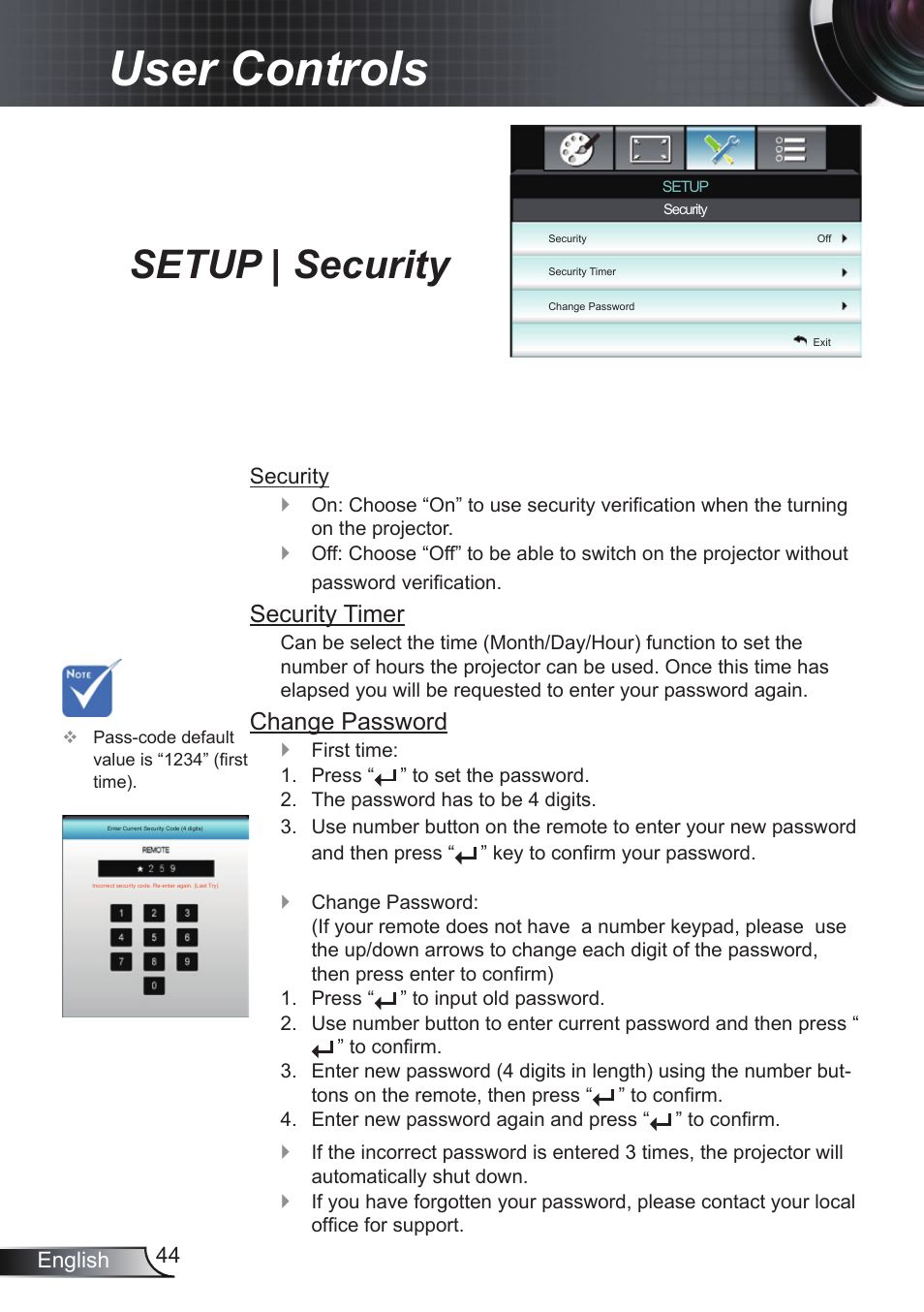 Setup | security, User controls, Security timer | Change password | Optoma EH200ST User Manual | Page 44 / 68