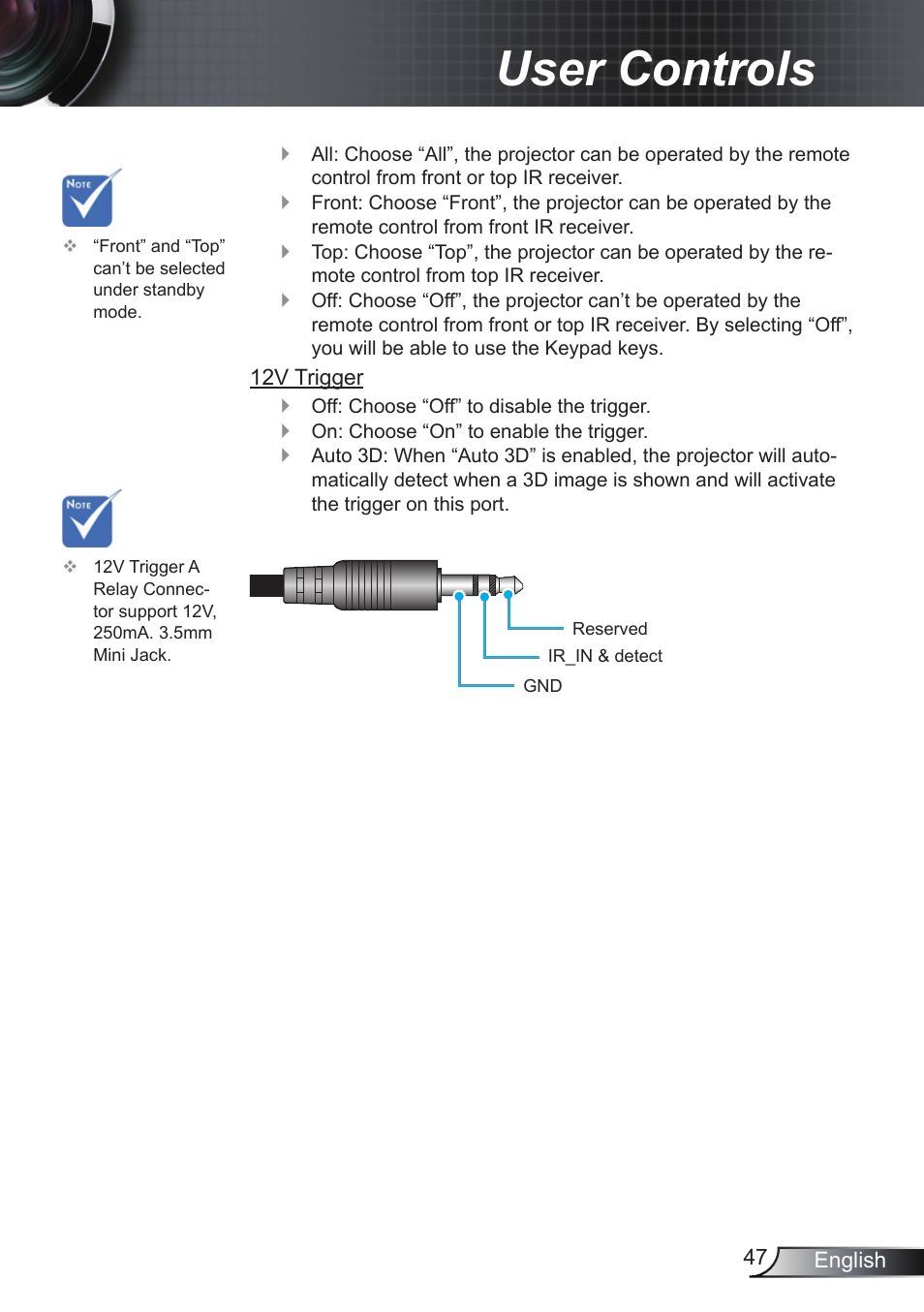 User controls | Optoma EH200ST User Manual | Page 47 / 68