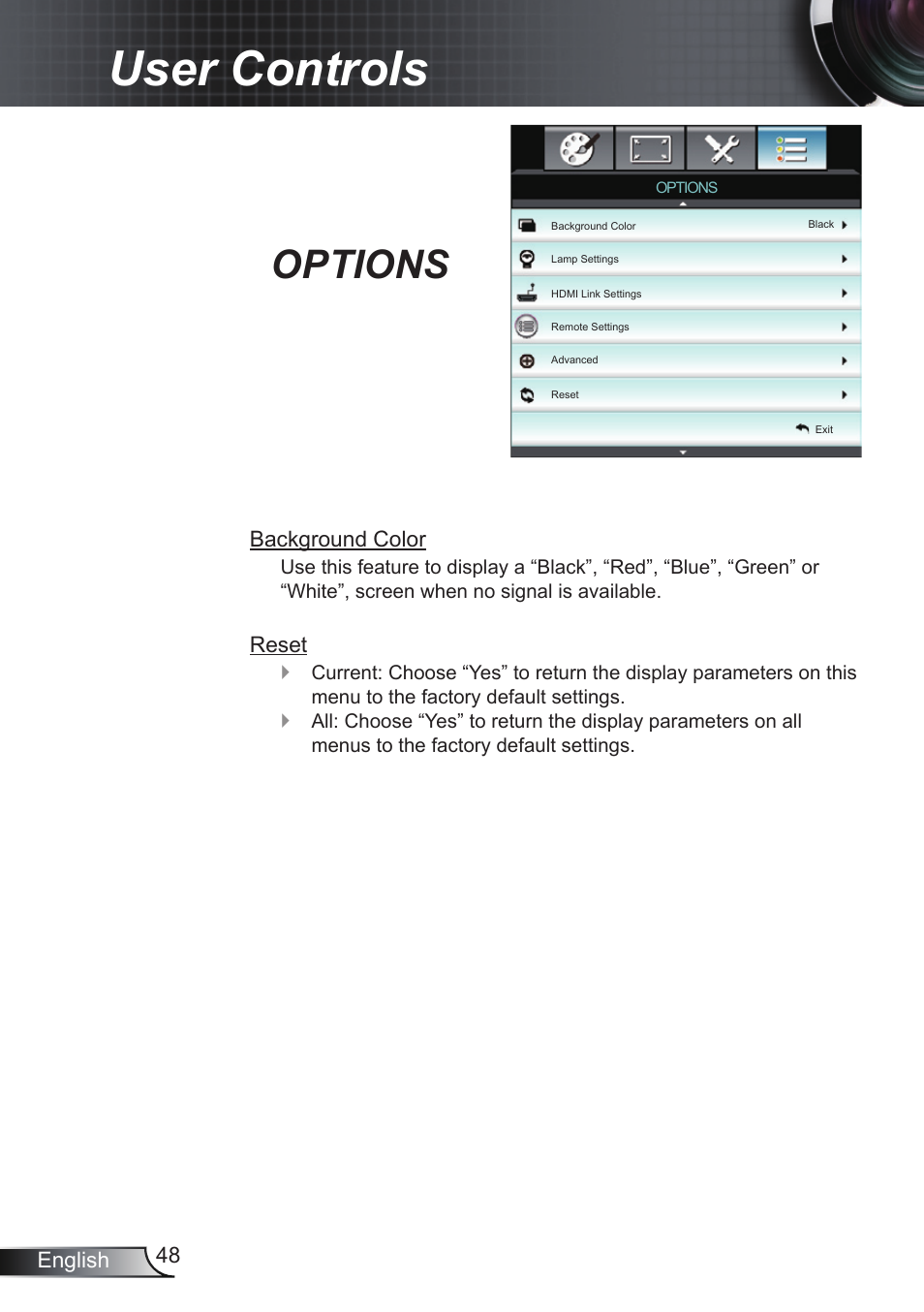 User controls, Options | Optoma EH200ST User Manual | Page 48 / 68