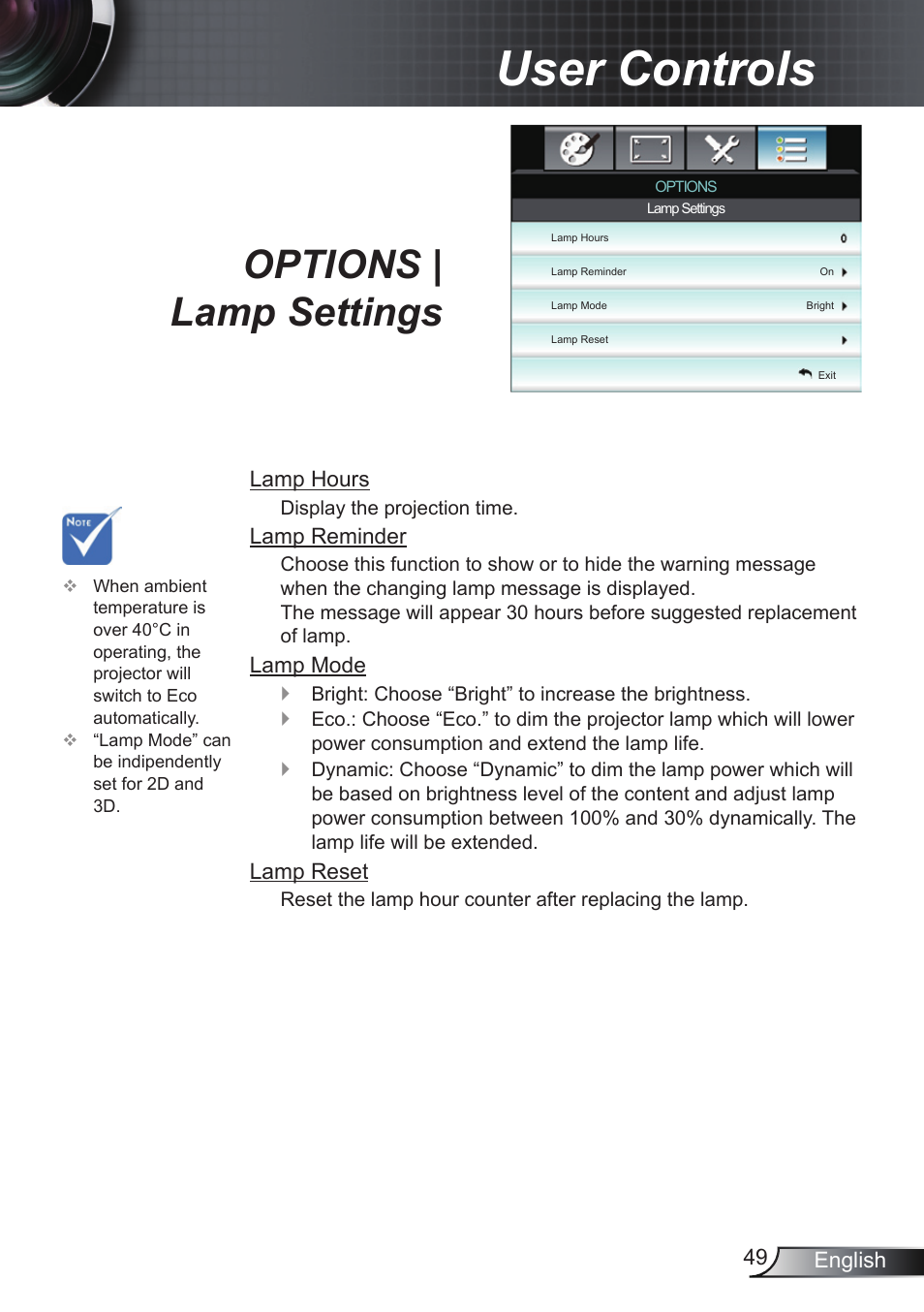 Options | lamp settings, User controls | Optoma EH200ST User Manual | Page 49 / 68