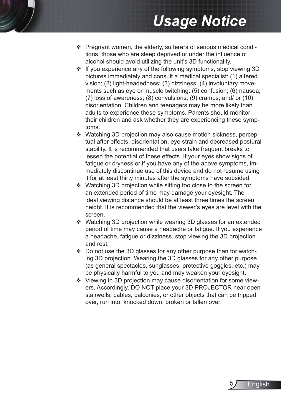 Usage notice | Optoma EH200ST User Manual | Page 5 / 68