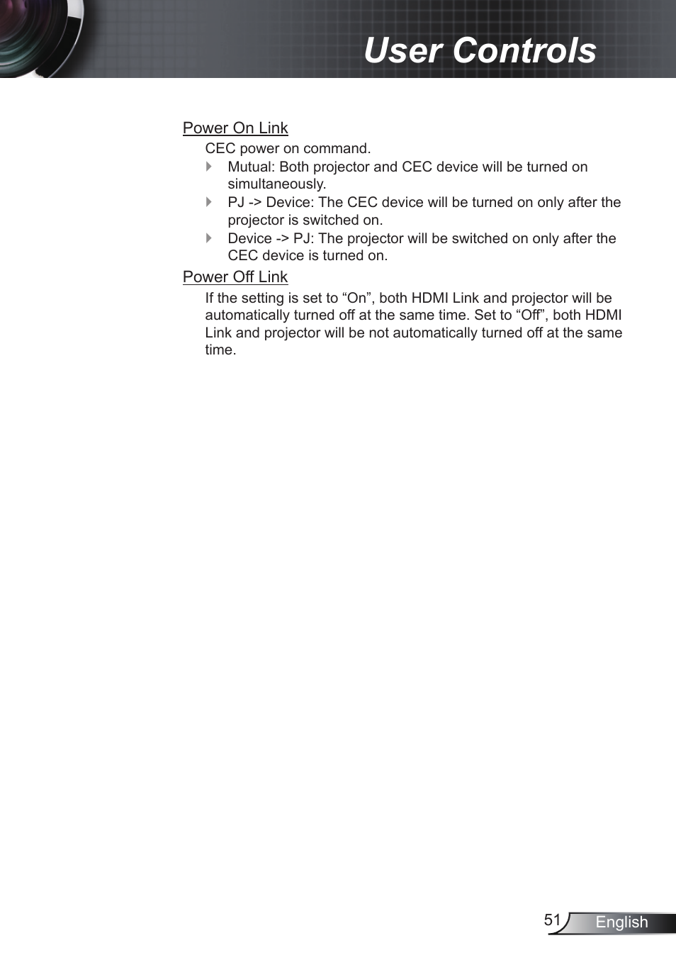 User controls | Optoma EH200ST User Manual | Page 51 / 68