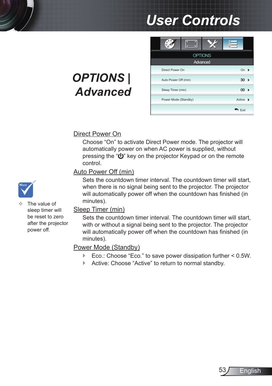 Options | advanced, User controls | Optoma EH200ST User Manual | Page 53 / 68