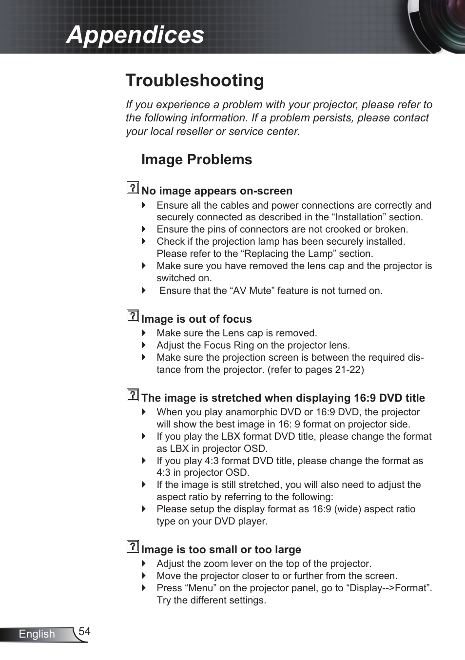 Appendices, Troubleshooting, Image problems | Optoma EH200ST User Manual | Page 54 / 68