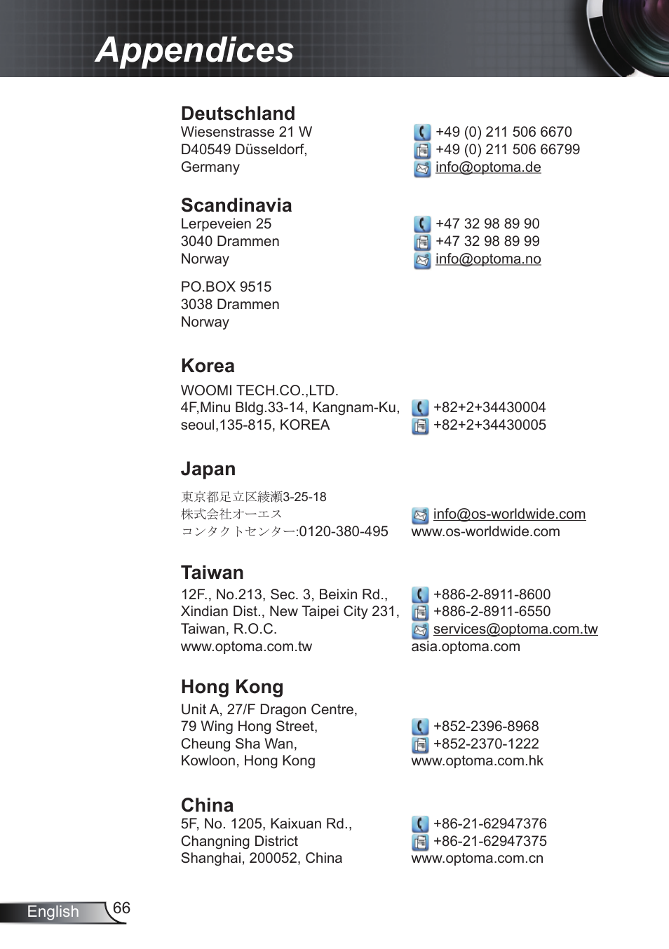 Appendices, Deutschland, Scandinavia | Korea, Japan, Taiwan, Hong kong, China | Optoma EH200ST User Manual | Page 66 / 68