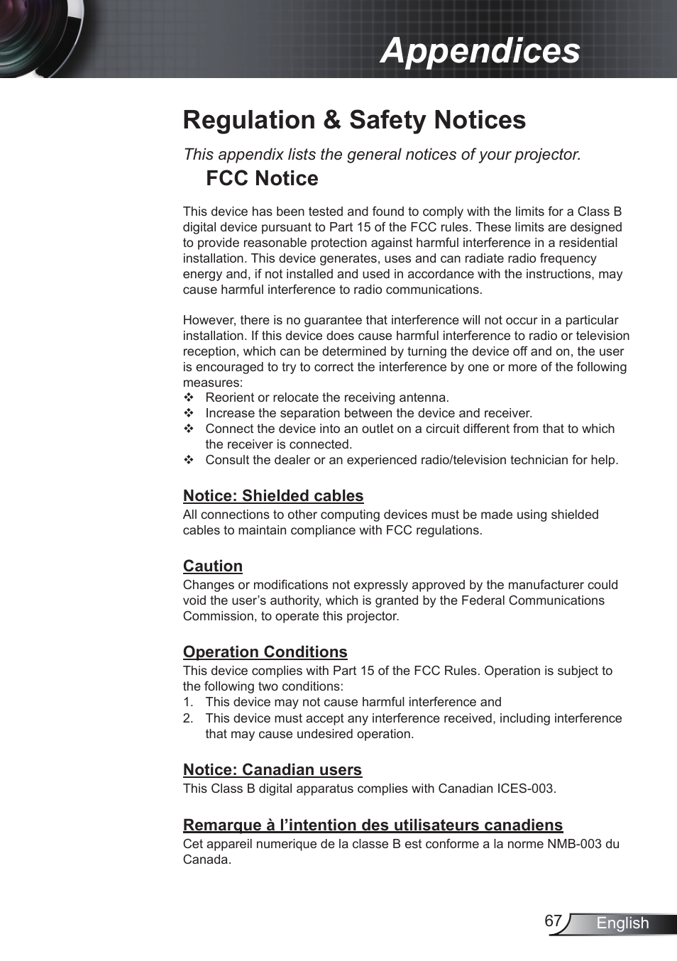 Regulation & safety notices, Fcc notice, Appendices | Optoma EH200ST User Manual | Page 67 / 68