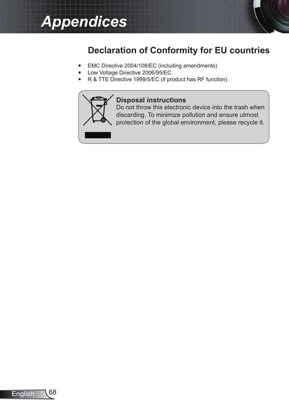 Declaration of conformity for eu countries, Declaration of conformity for eu coun, Tries | Appendices | Optoma EH200ST User Manual | Page 68 / 68