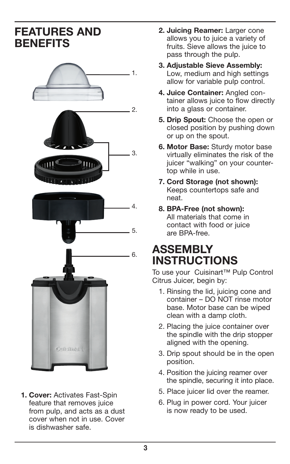Features and benefits, Assembly instructions | Cuisinart CCJ-500 User Manual | Page 3 / 13