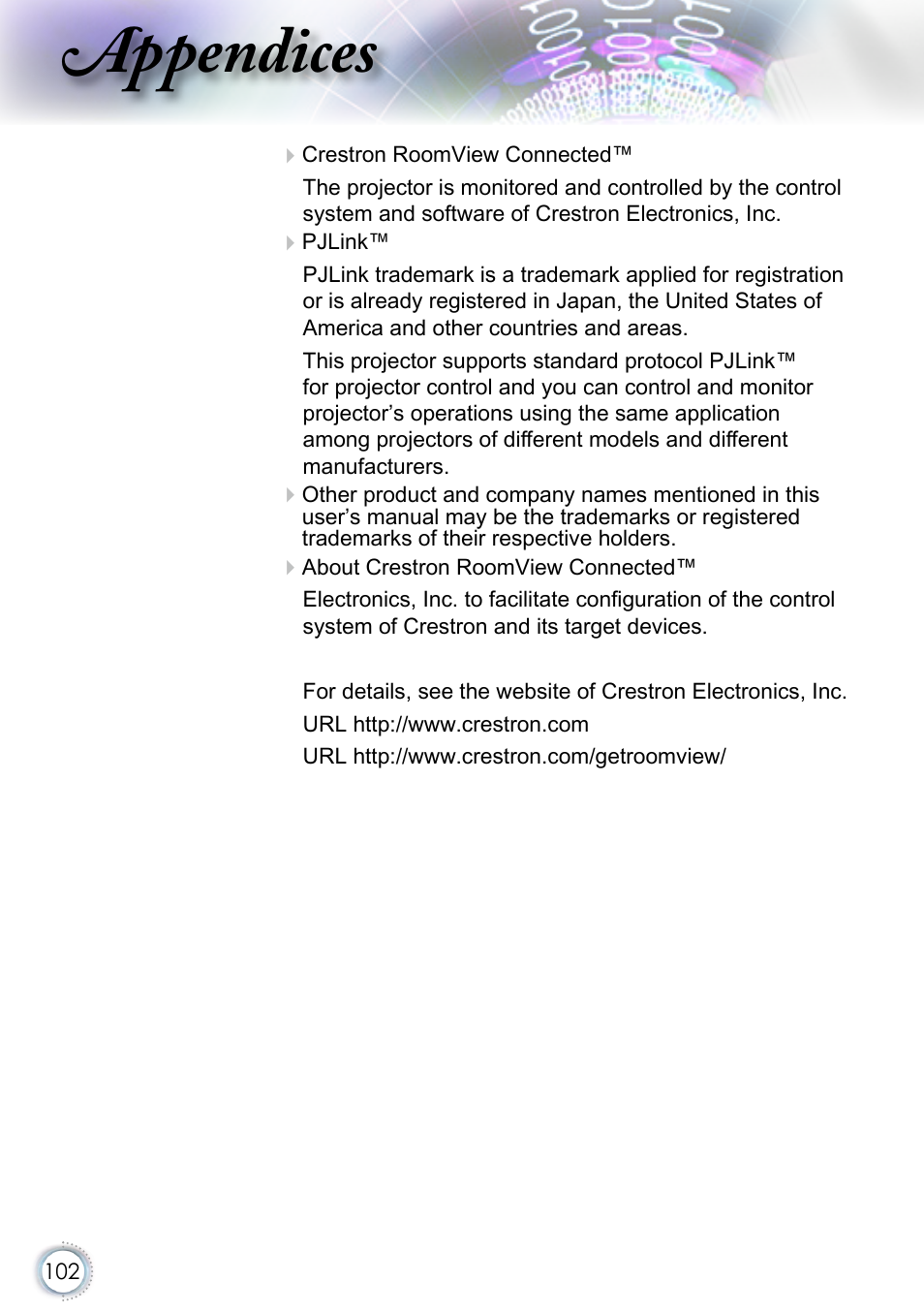 Appendices | Optoma EH415 User Manual | Page 102 / 107