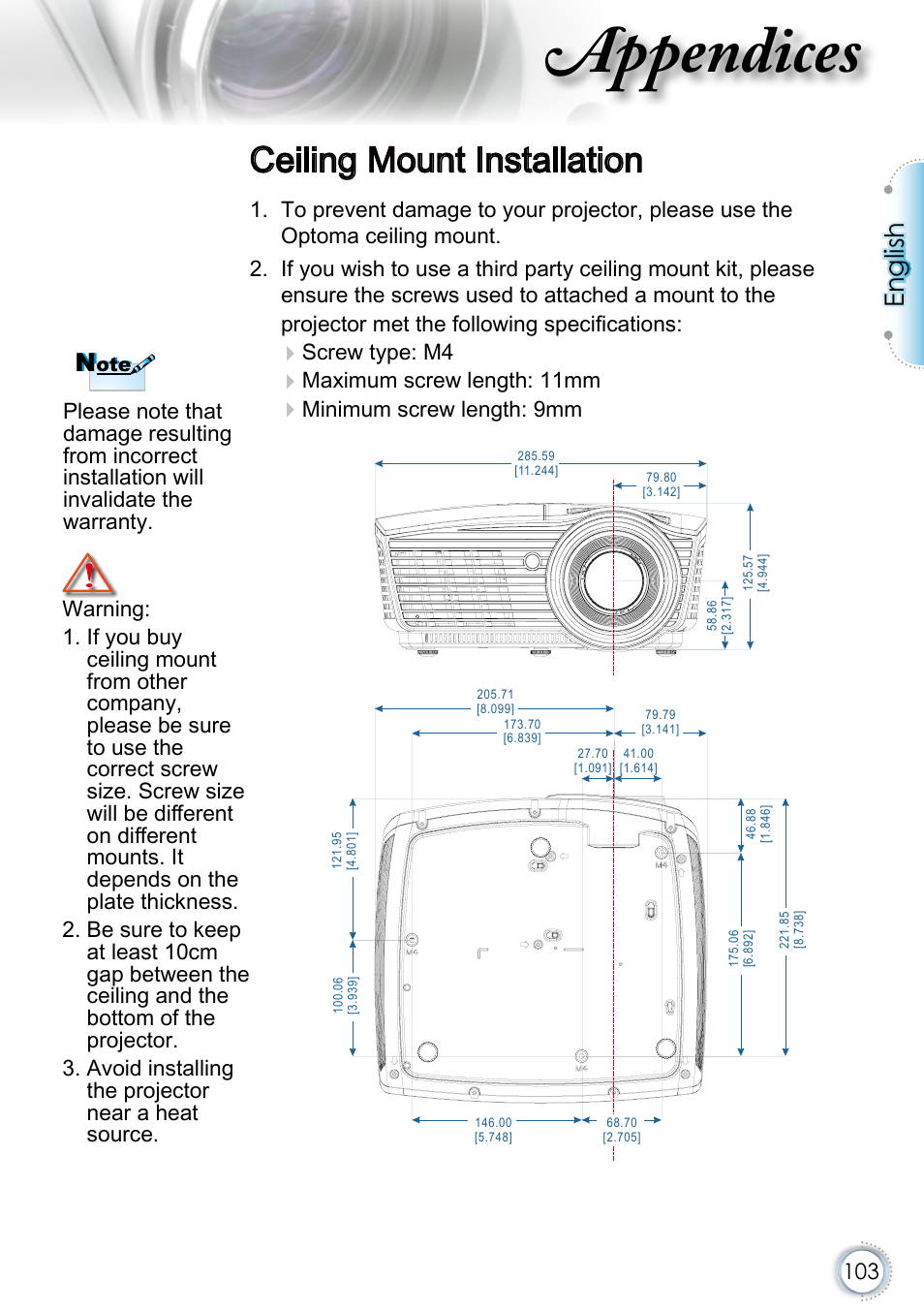 Ceiling mount installation, Appendices, English | Screw type: m4, Maximum screw length: 11mm | Optoma EH415 User Manual | Page 103 / 107