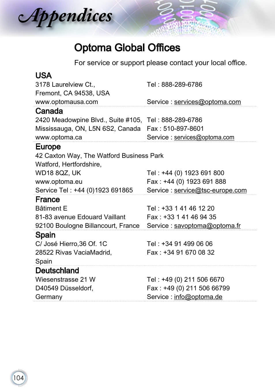 Optoma global offices, Appendices | Optoma EH415 User Manual | Page 104 / 107