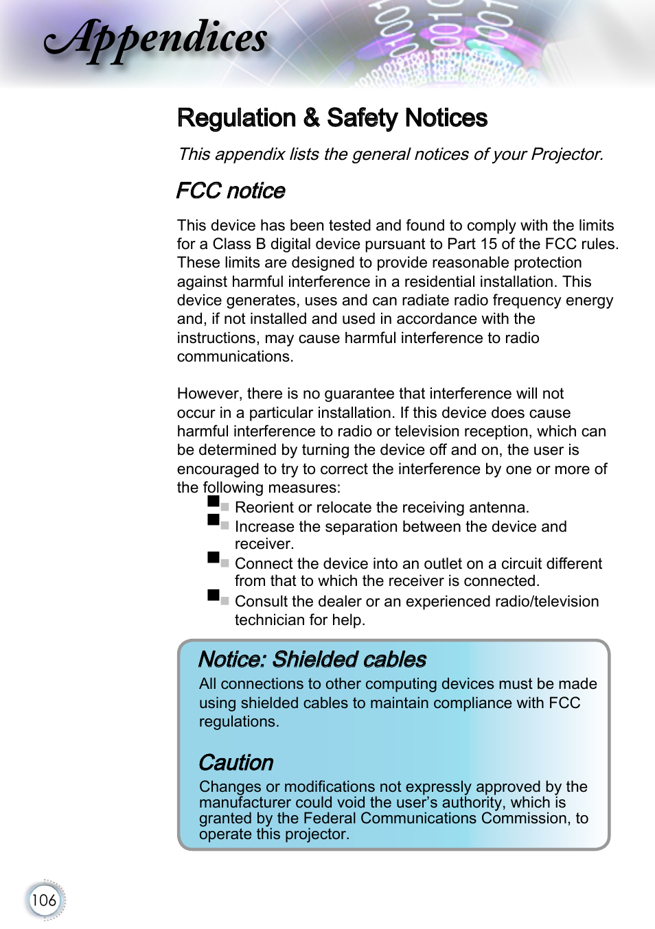 Regulation & safety notices, Appendices, Fcc notice | Notice: shielded cables, Caution | Optoma EH415 User Manual | Page 106 / 107
