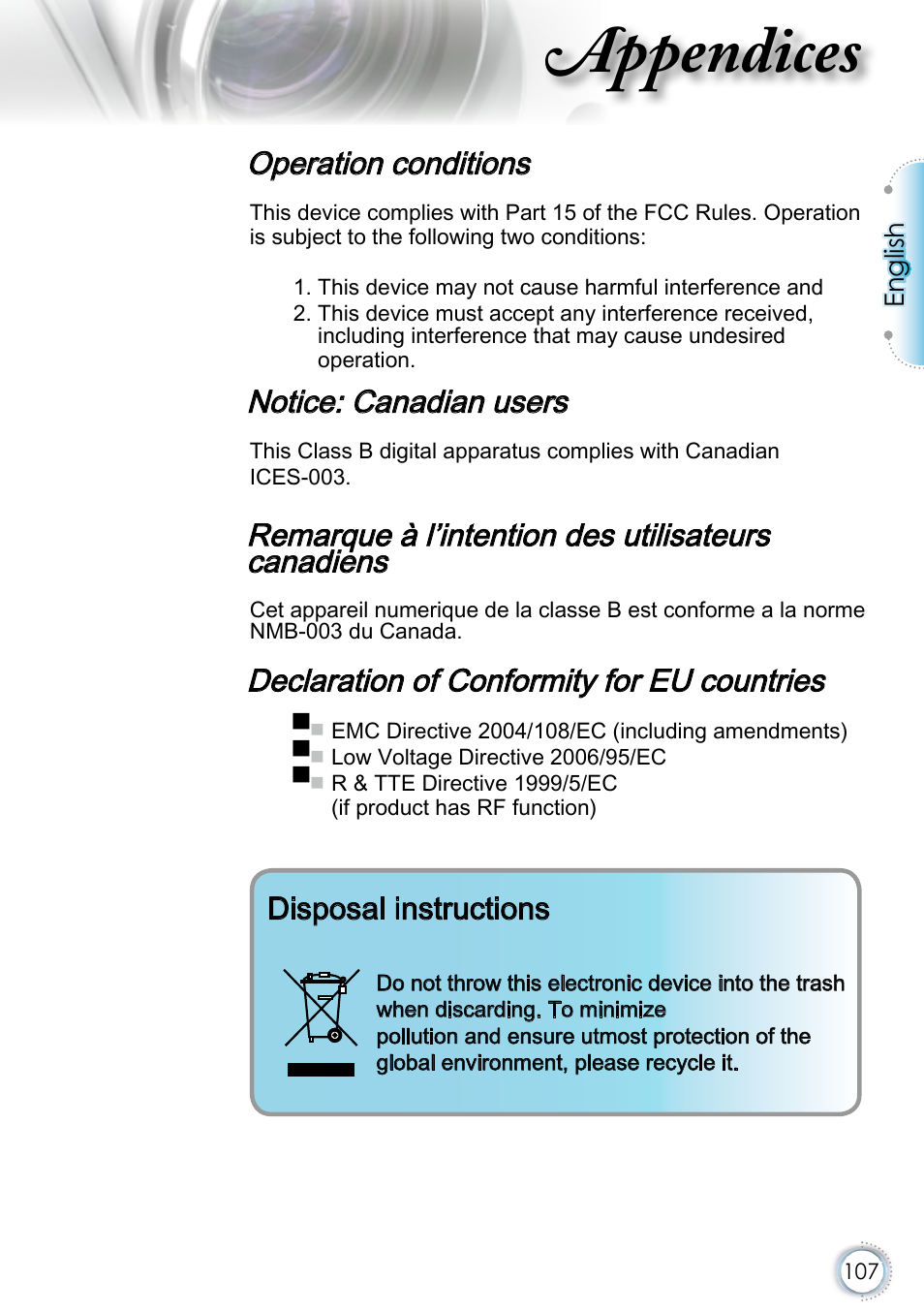 Appendices, Operation conditions, Notice: canadian users | Remarque à l’intention des utilisateurs canadiens, Declaration of conformity for eu countries, Disposal instructions | Optoma EH415 User Manual | Page 107 / 107