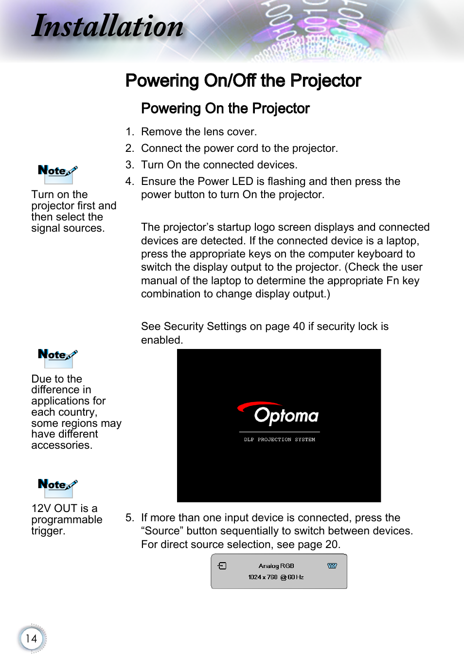 Powering on/off the projector, Powering on the projector, Installation | Optoma EH415 User Manual | Page 14 / 107