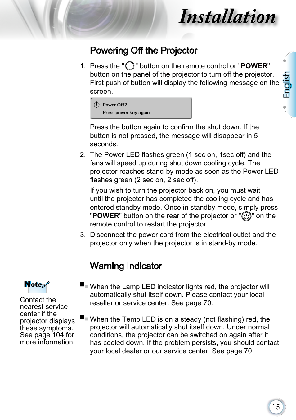 Powering off the projector, Warning indicator, Installation | English | Optoma EH415 User Manual | Page 15 / 107