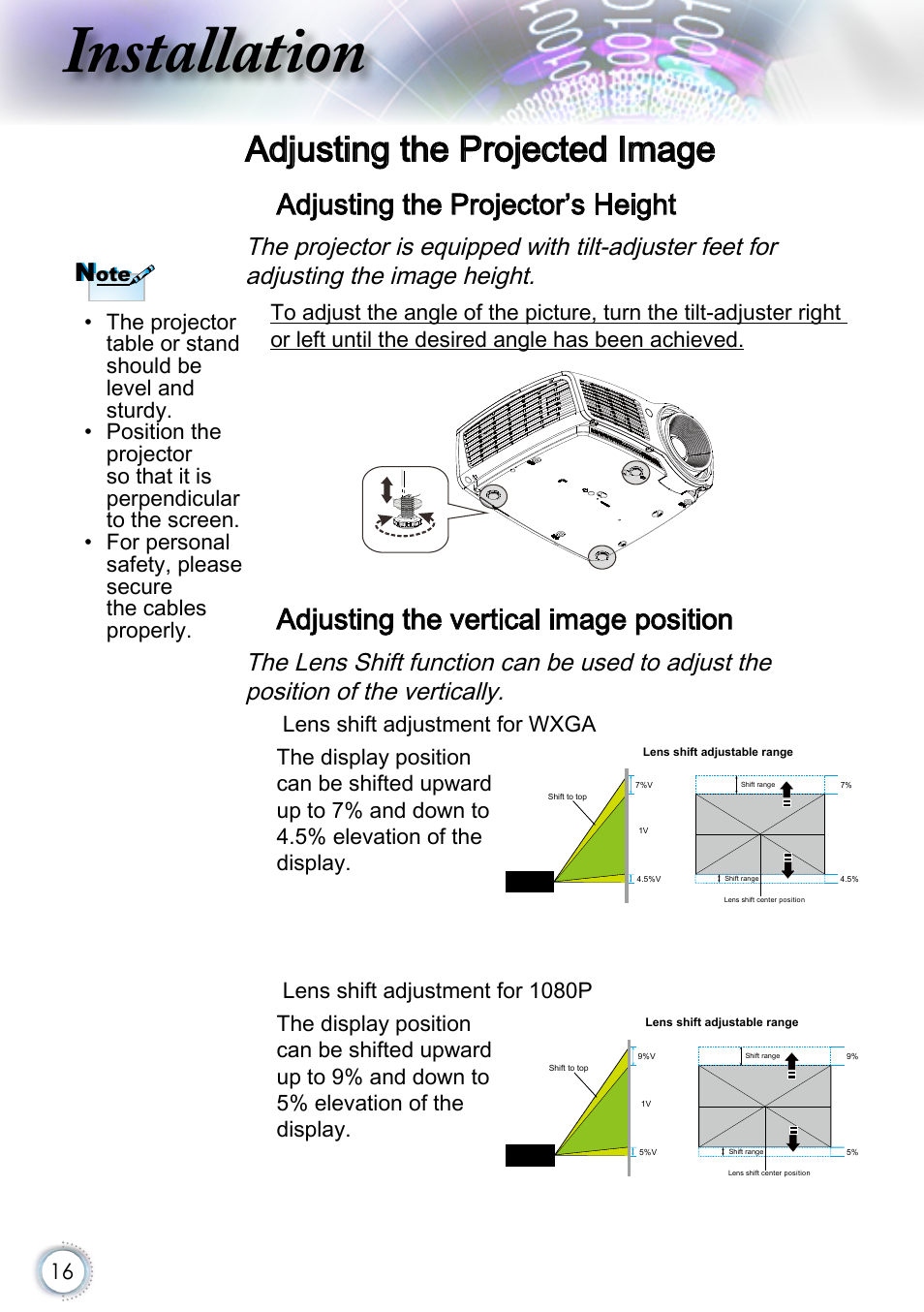 Adjusting the projected image, Adjusting the projector’s height, Adjusting the vertical image position | Installation | Optoma EH415 User Manual | Page 16 / 107