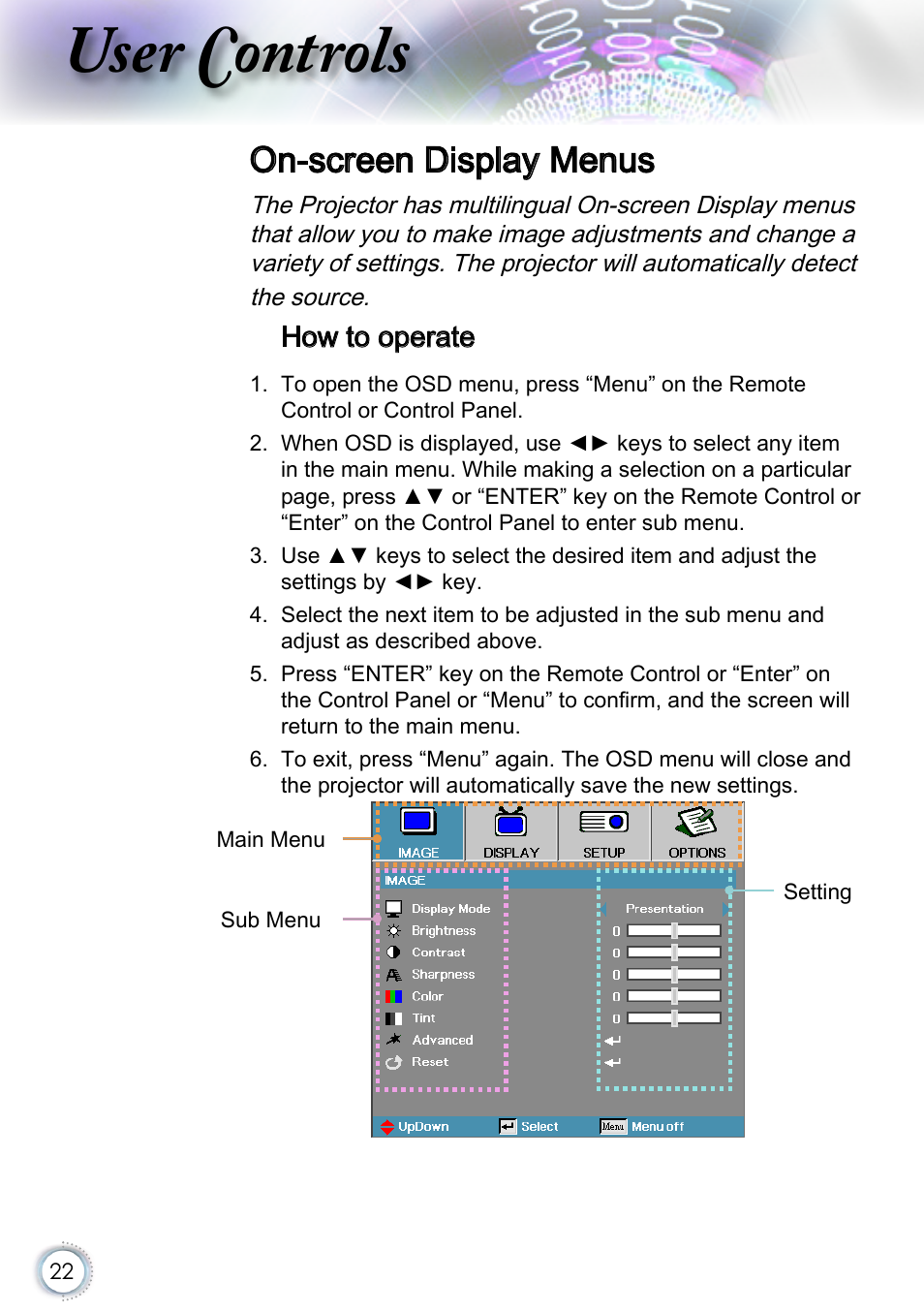 On-screen display menus, How to operate, User controls | Optoma EH415 User Manual | Page 22 / 107