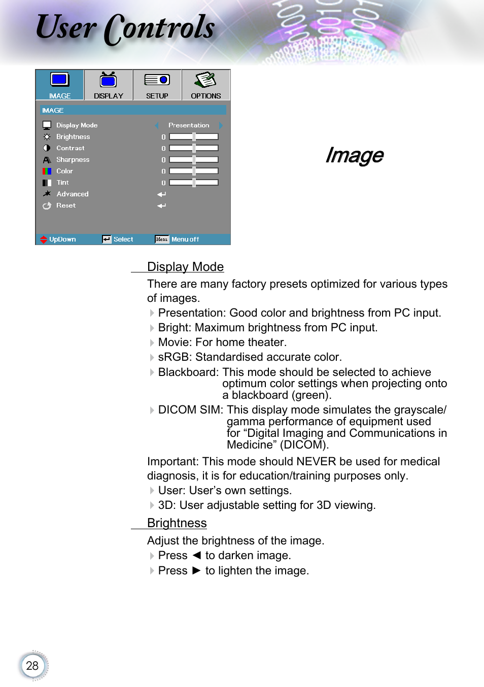 Image, User controls | Optoma EH415 User Manual | Page 28 / 107