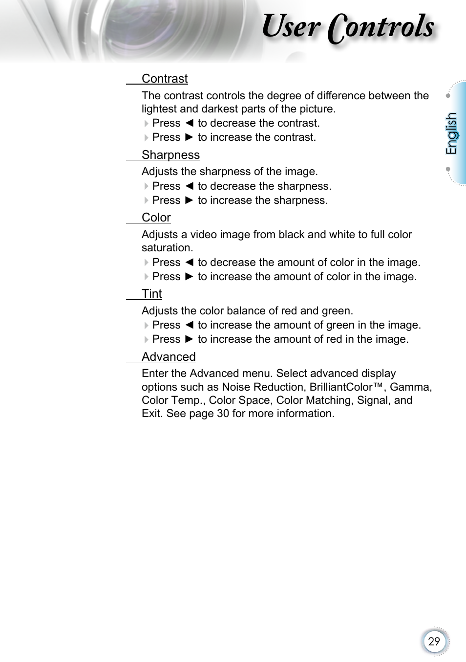 User controls | Optoma EH415 User Manual | Page 29 / 107