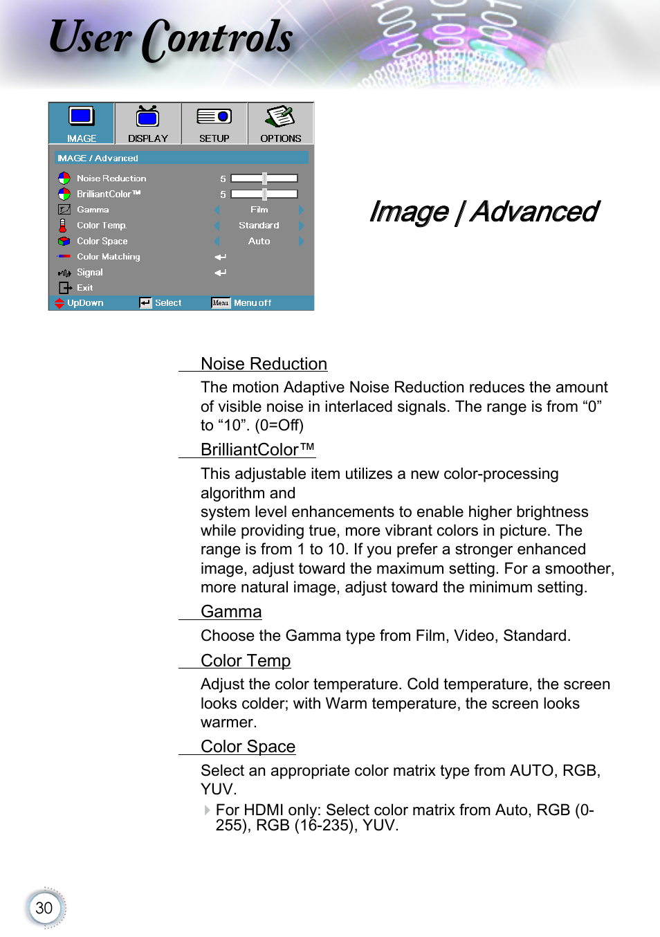 Image | advanced, User controls | Optoma EH415 User Manual | Page 30 / 107