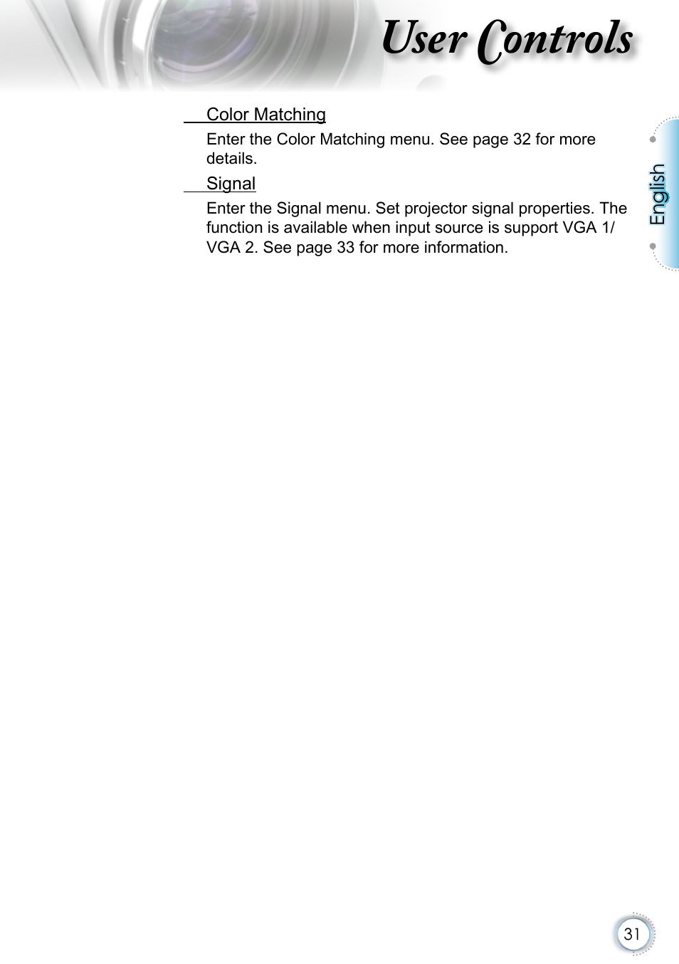 User controls | Optoma EH415 User Manual | Page 31 / 107