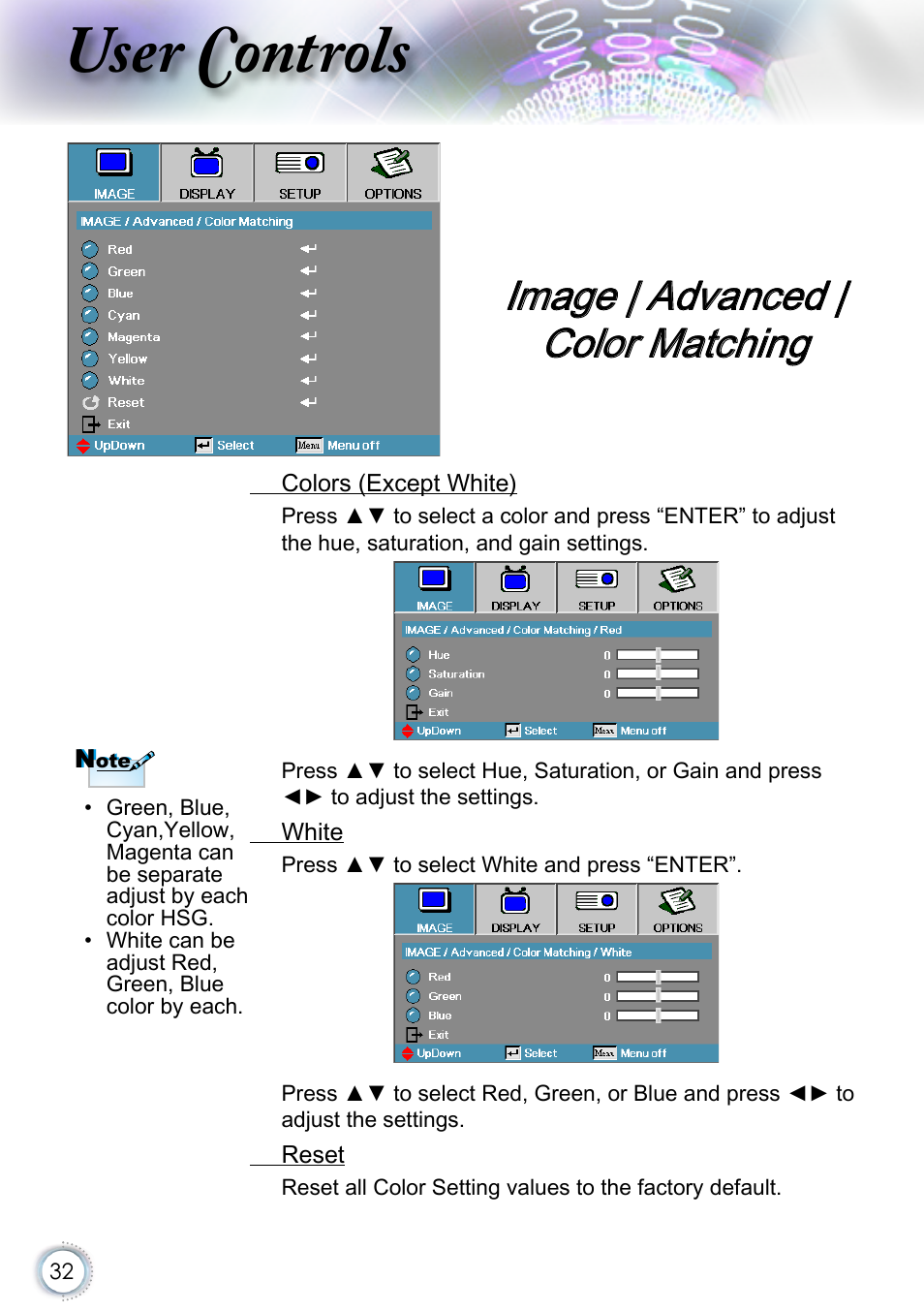 Image | advanced | color matching, User controls | Optoma EH415 User Manual | Page 32 / 107