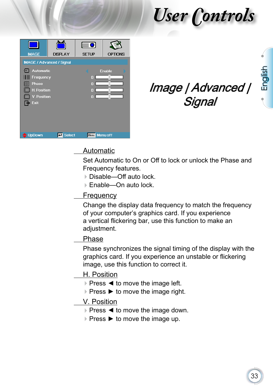 Image | advanced | signal, User controls | Optoma EH415 User Manual | Page 33 / 107