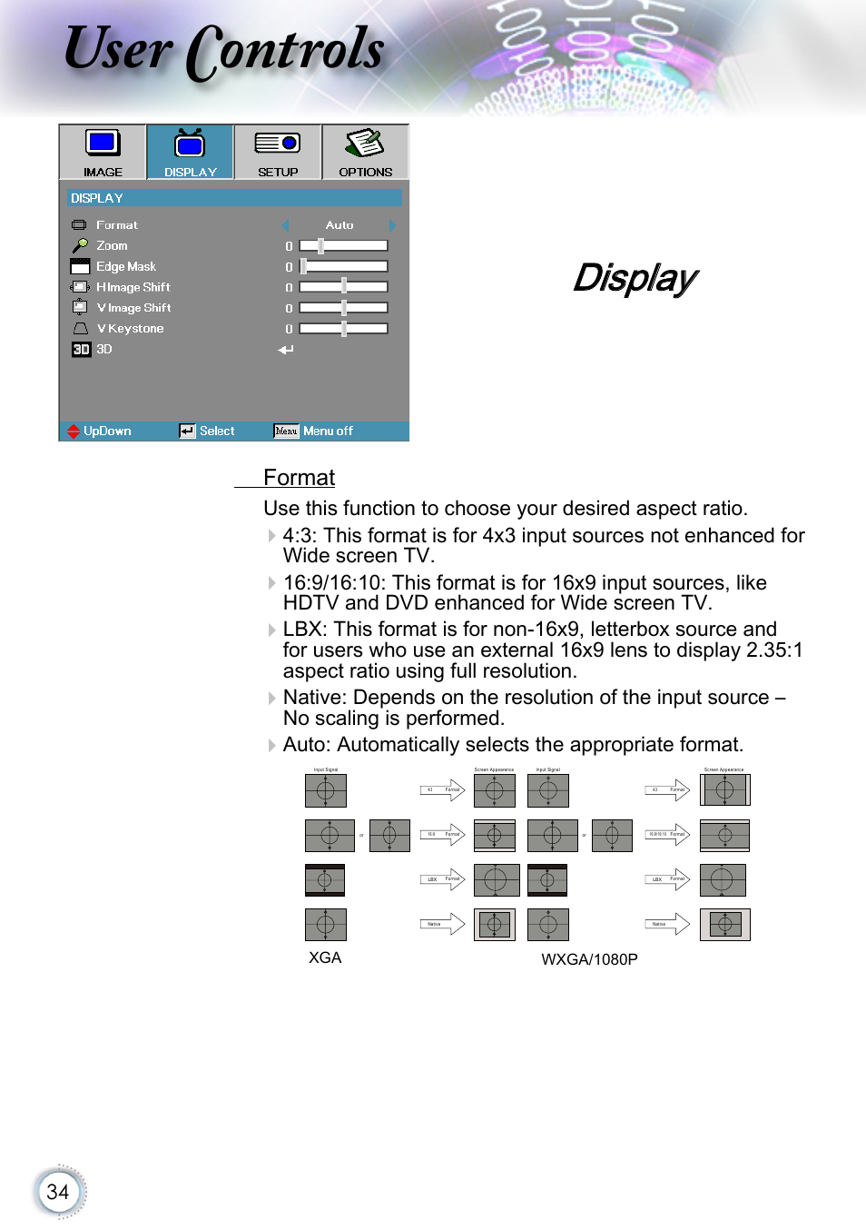 Display, User controls, Format | Auto: automatically selects the appropriate format | Optoma EH415 User Manual | Page 34 / 107