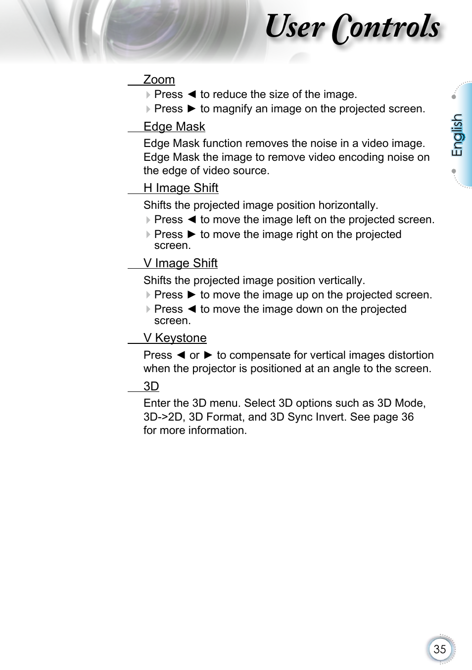 User controls | Optoma EH415 User Manual | Page 35 / 107