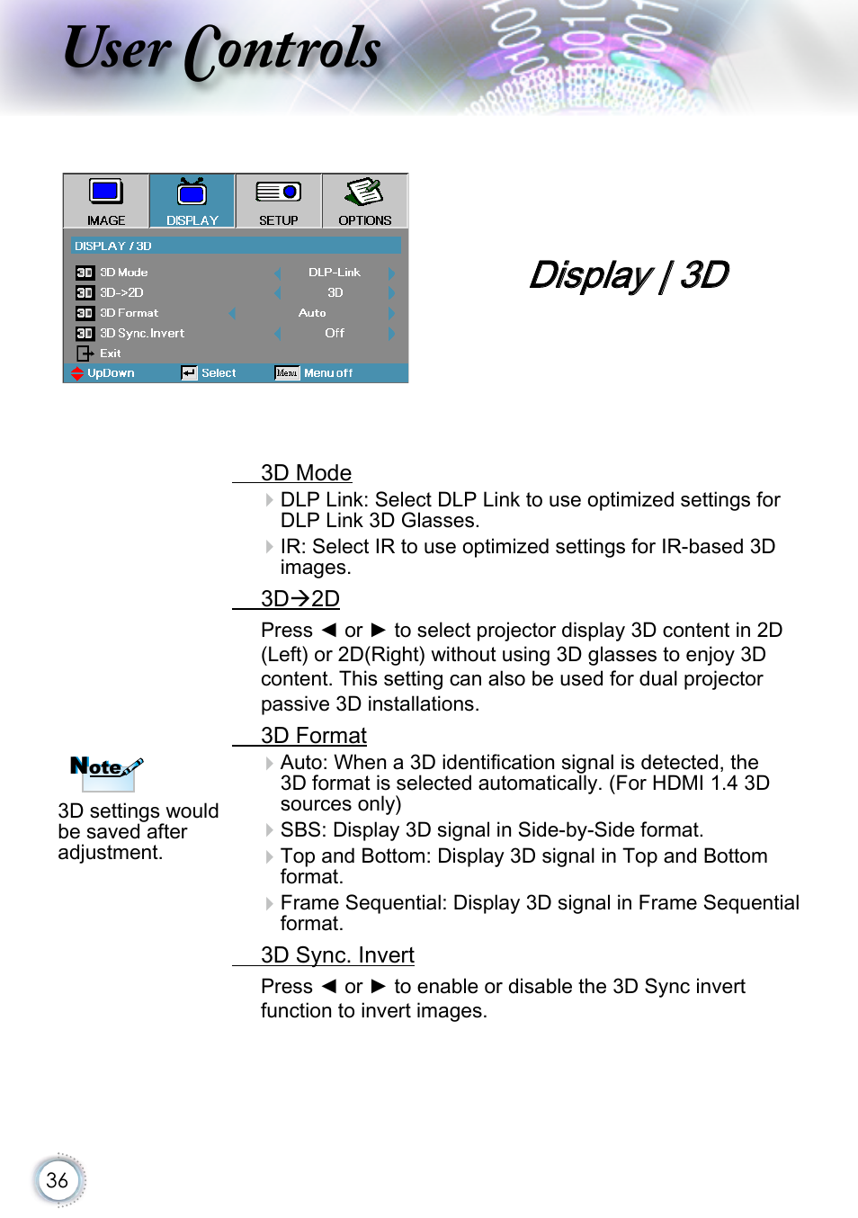 Display | 3d, User controls | Optoma EH415 User Manual | Page 36 / 107