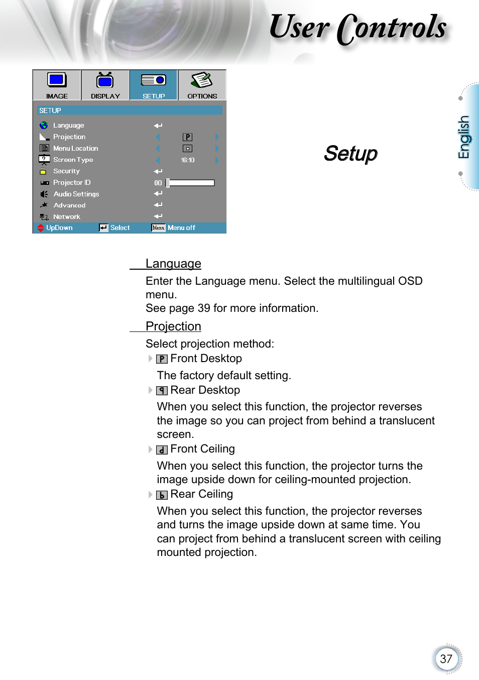 Setup, User controls | Optoma EH415 User Manual | Page 37 / 107