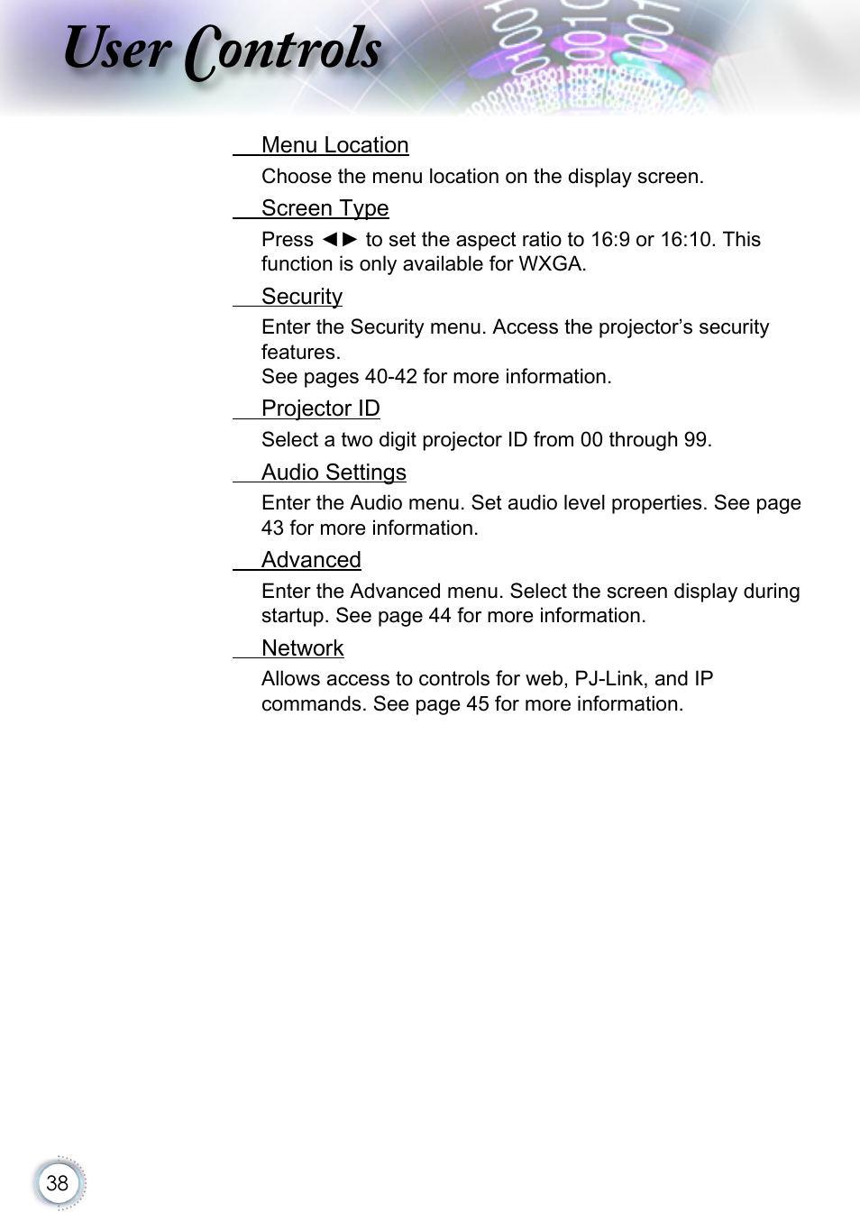 User controls | Optoma EH415 User Manual | Page 38 / 107