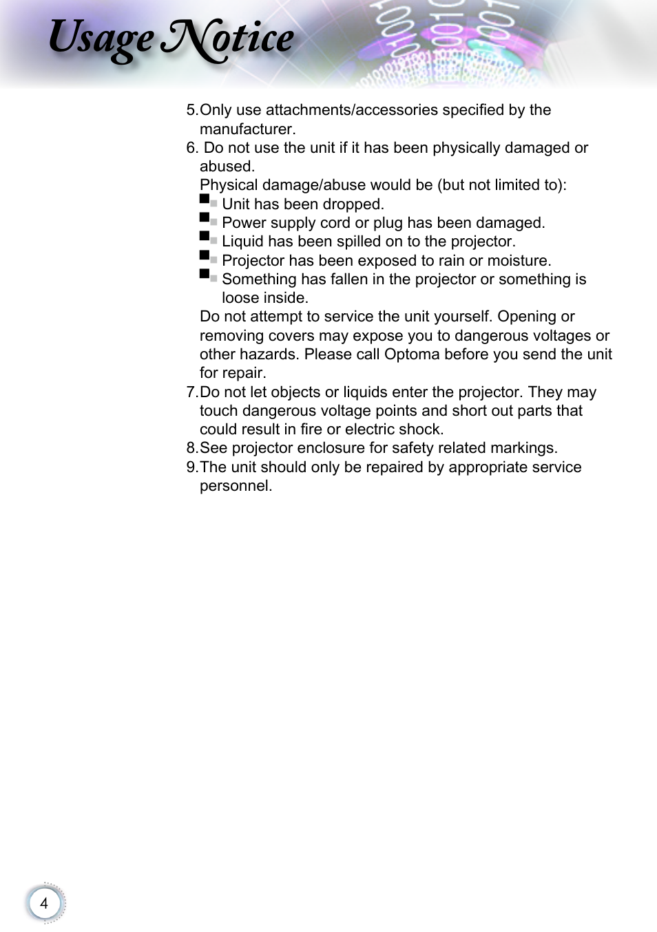 Usage notice | Optoma EH415 User Manual | Page 4 / 107