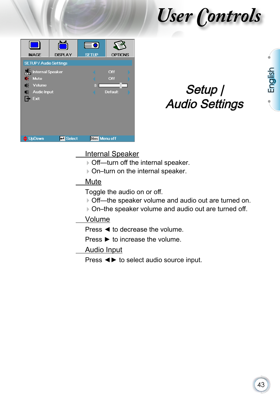 Setup | audio settings, Setup |audio settings, User controls | Optoma EH415 User Manual | Page 43 / 107