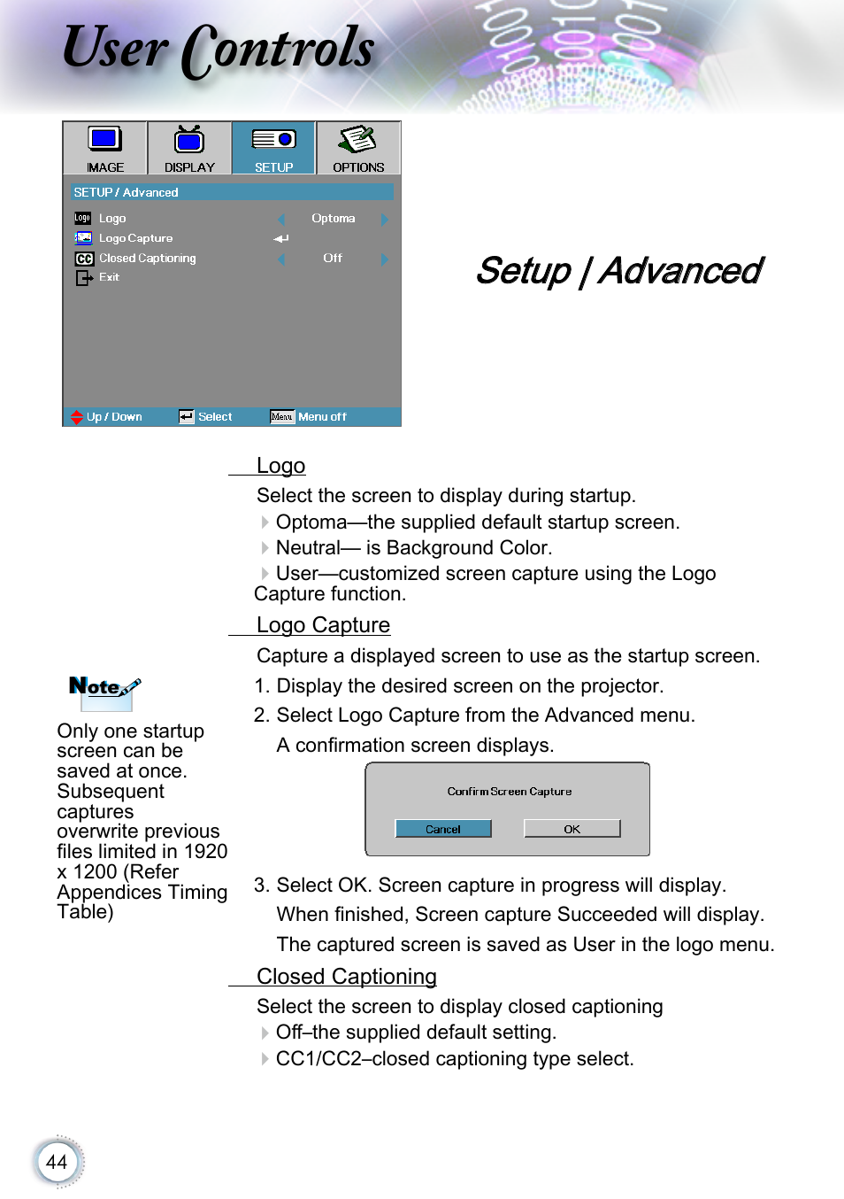 Setup | advanced, User controls | Optoma EH415 User Manual | Page 44 / 107