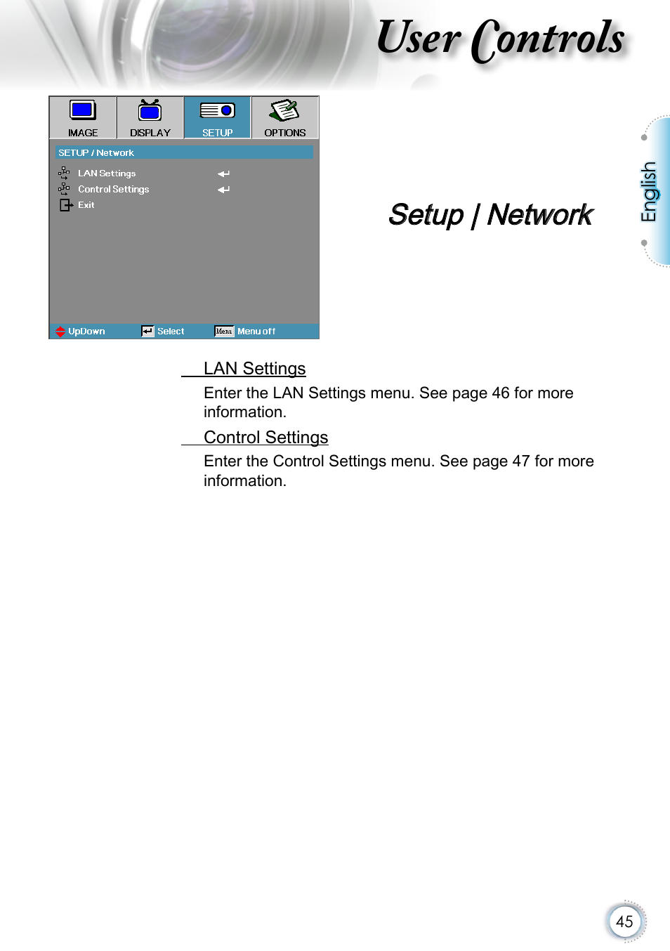 Setup | network, User controls | Optoma EH415 User Manual | Page 45 / 107