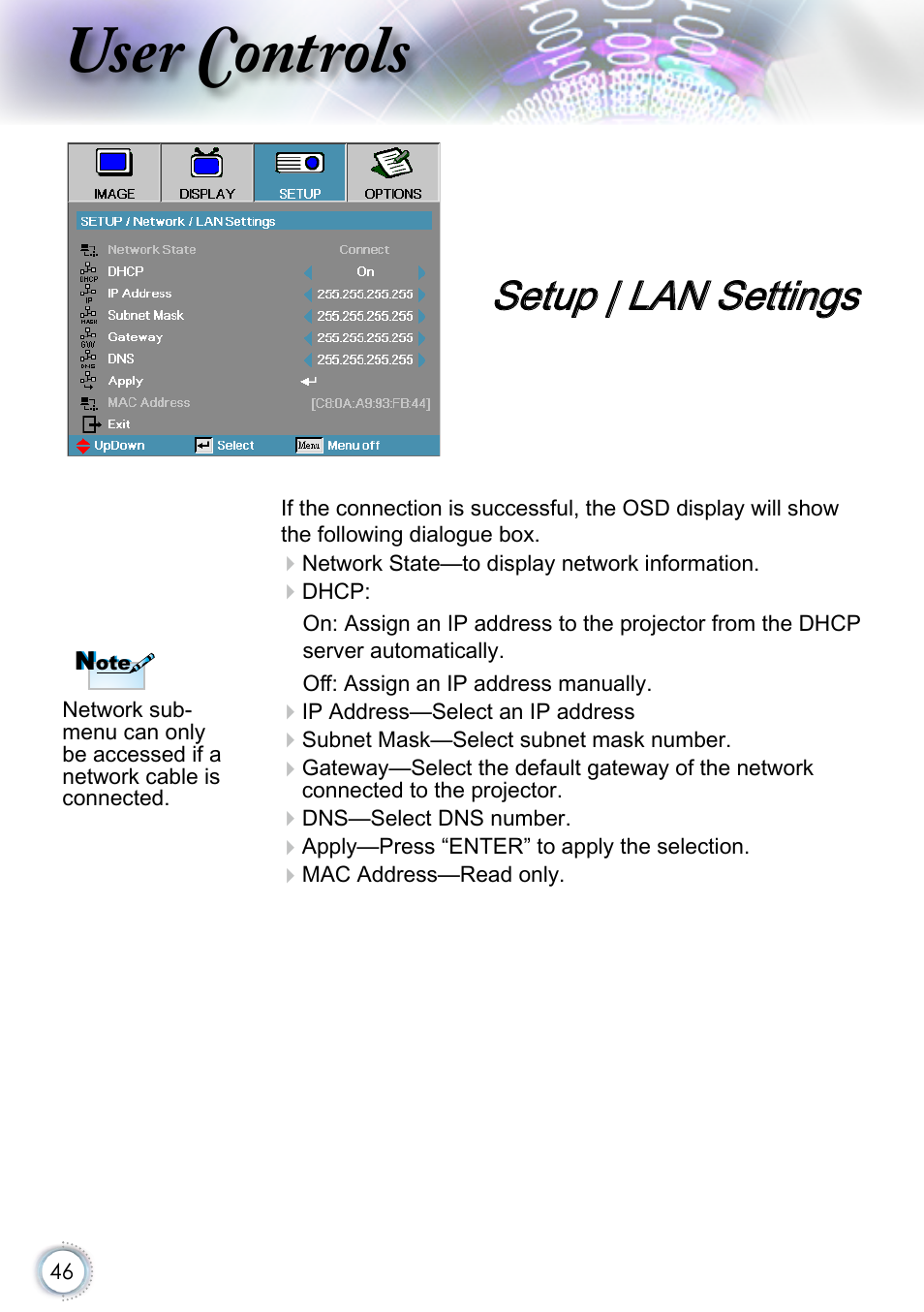 Setup | lan settings, User controls | Optoma EH415 User Manual | Page 46 / 107