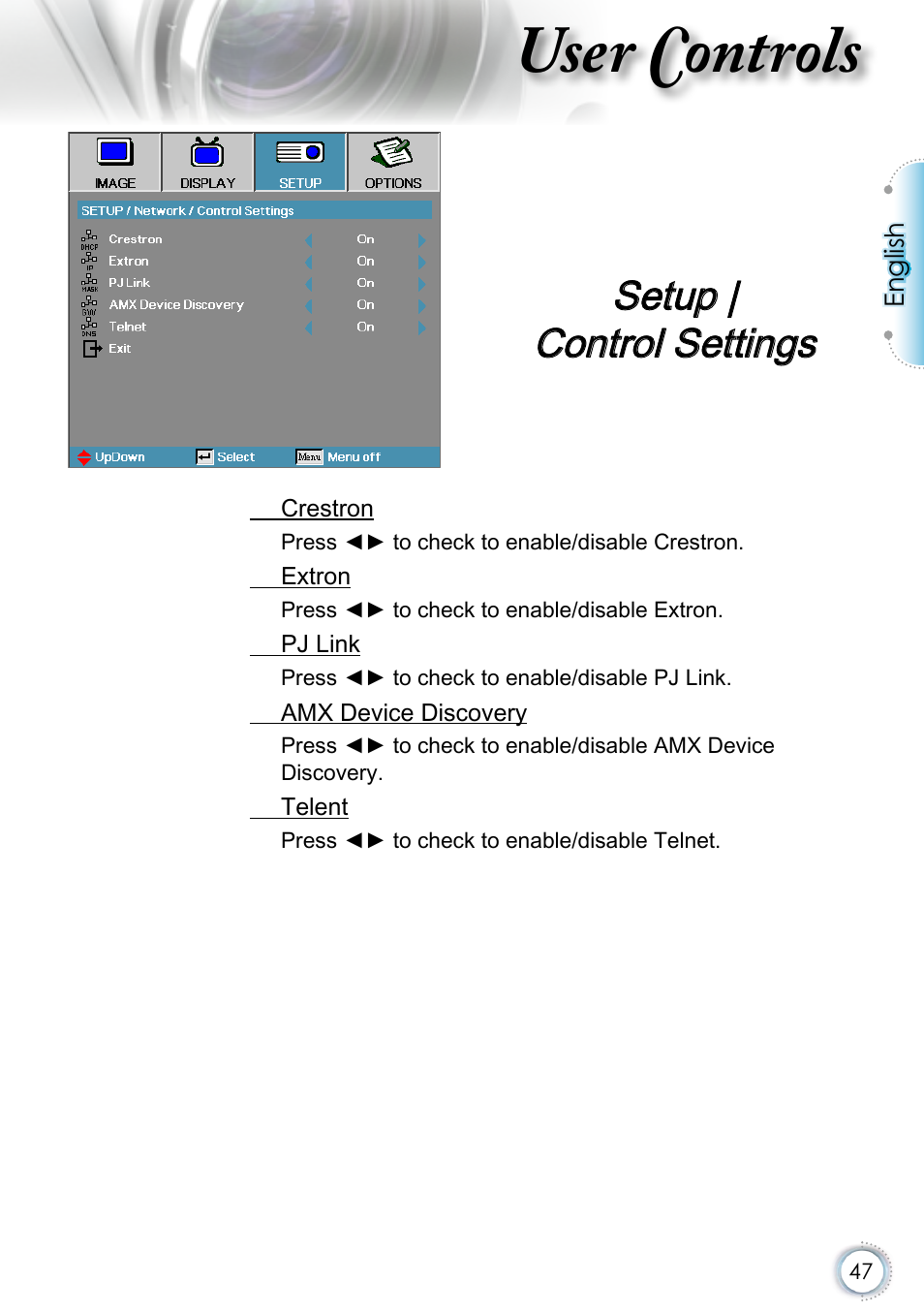 Setup | control settings, Setup |control settings, User controls | Optoma EH415 User Manual | Page 47 / 107