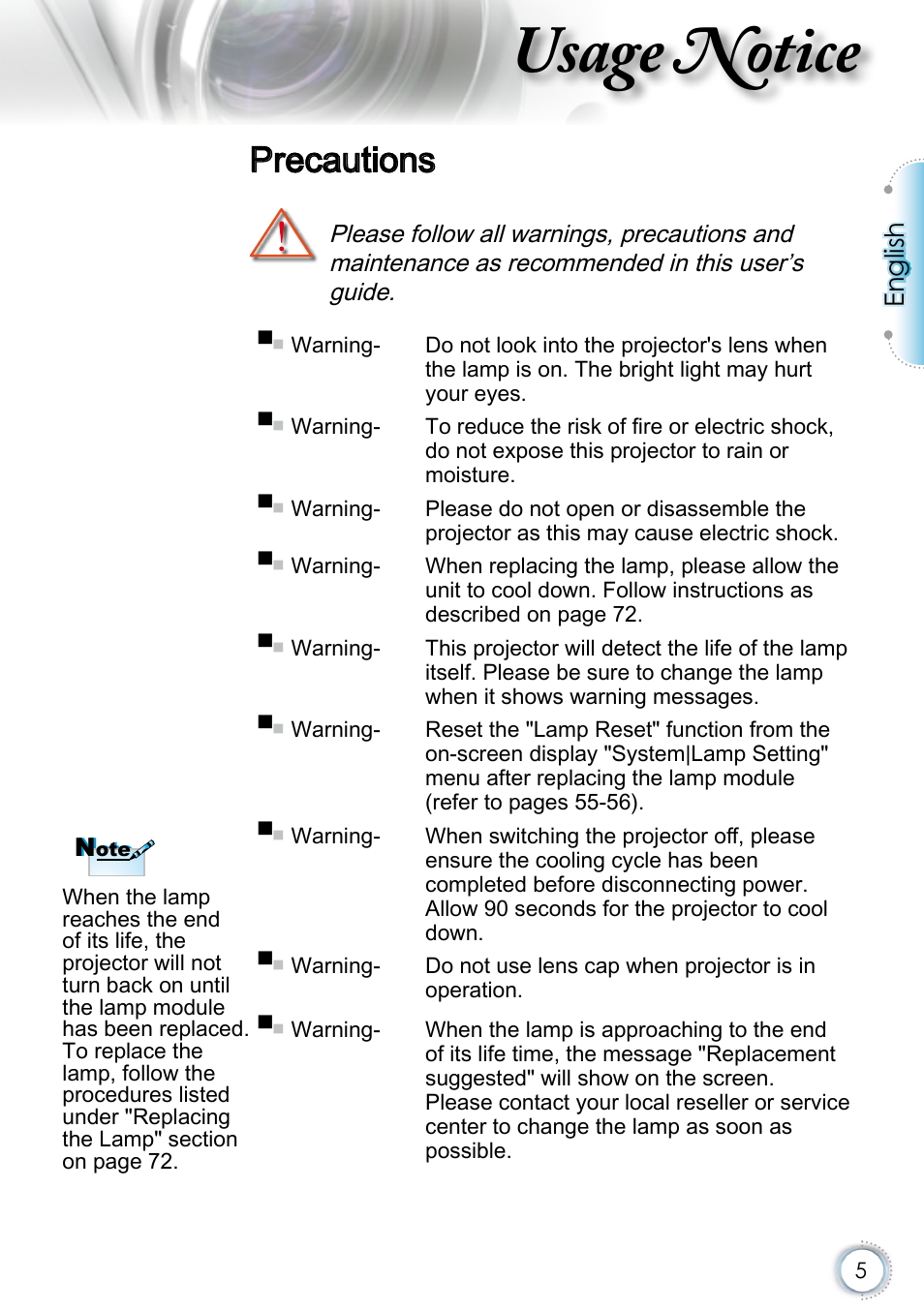 Precautions, Usage notice, English | Optoma EH415 User Manual | Page 5 / 107