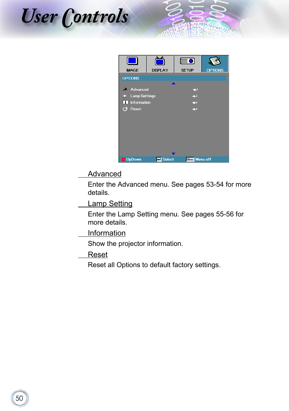 User controls | Optoma EH415 User Manual | Page 50 / 107