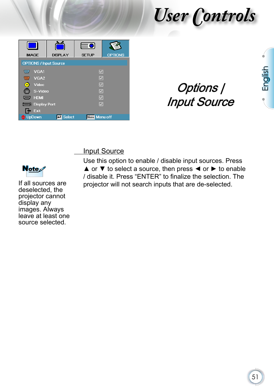 Options | input source, Options |input source, User controls | Optoma EH415 User Manual | Page 51 / 107