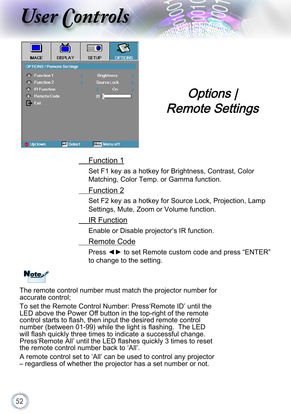 Options | remote settings, Options |remote settings, User controls | Optoma EH415 User Manual | Page 52 / 107